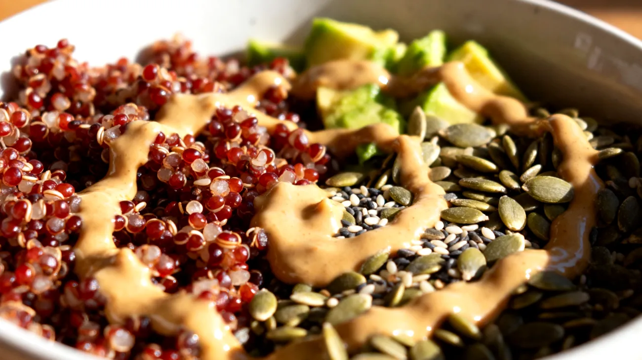 Buddha bowl con quinoa rossa, semi di canapa e tahini"