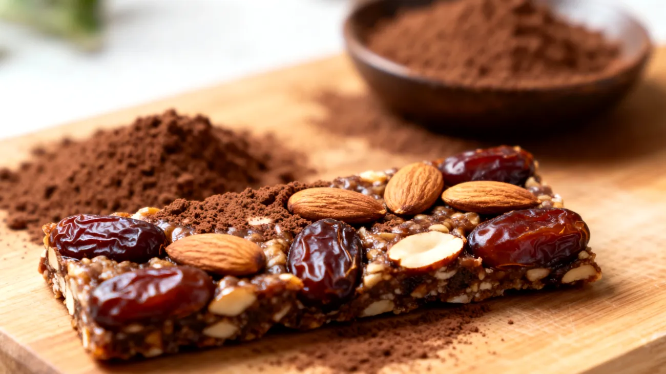 Barrette energetiche fatte in casa con datteri, mandorle e cacao crudo"