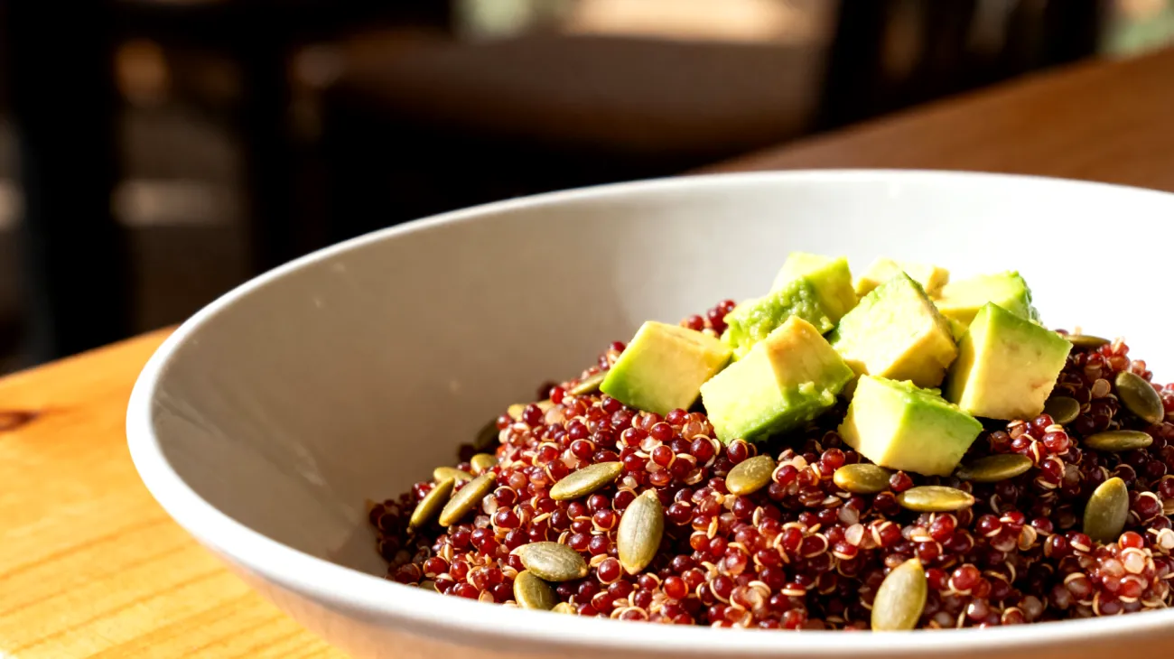 Insalata di quinoa rossa con semi di zucca e avocado"