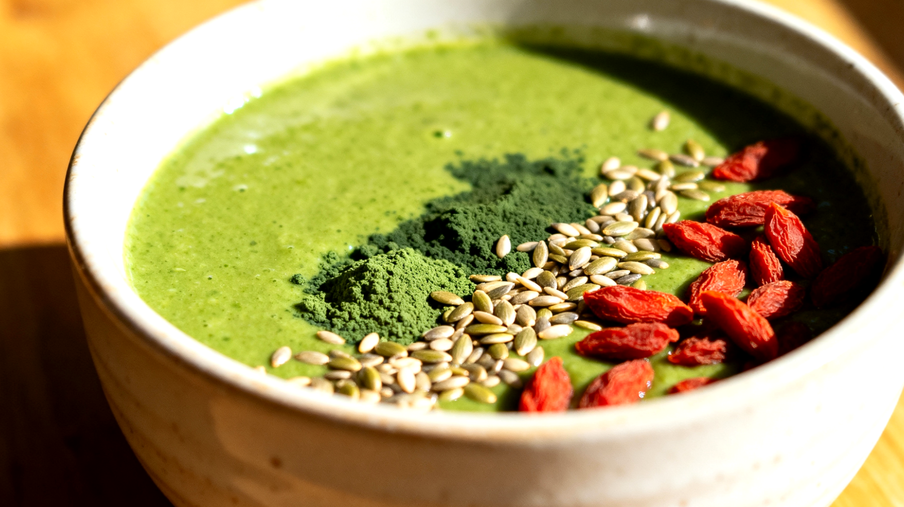Smoothie bowl con semi di canapa, spirulina e bacche di goji"
