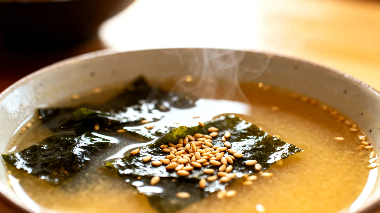 Zuppa di miso con alghe wakame e semi di sesamo tostati"