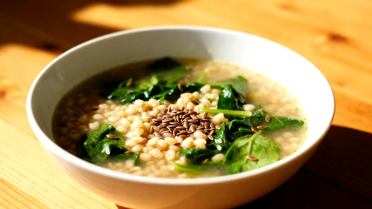 Zuppa di orzo perlato con verdure a foglia verde e semi di lino"